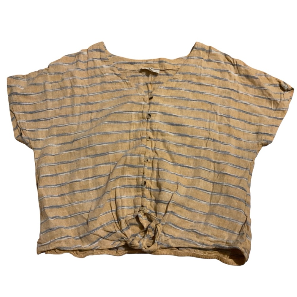Belle Du Jour Tan and Gray Crop Blouse with Tie‎ Front 100% cotton